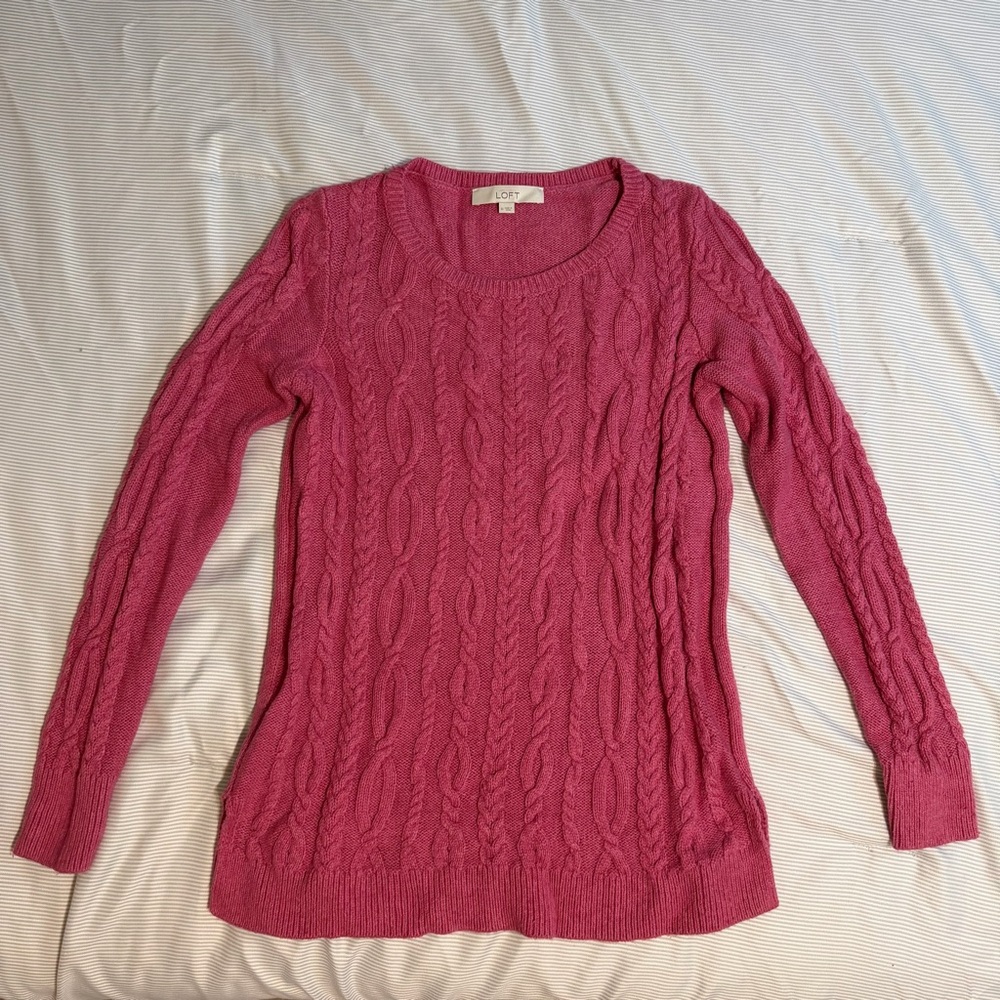 LOFT Medium Pink Cable Knit Sweater Pullover Cotton Blend Casual Classic